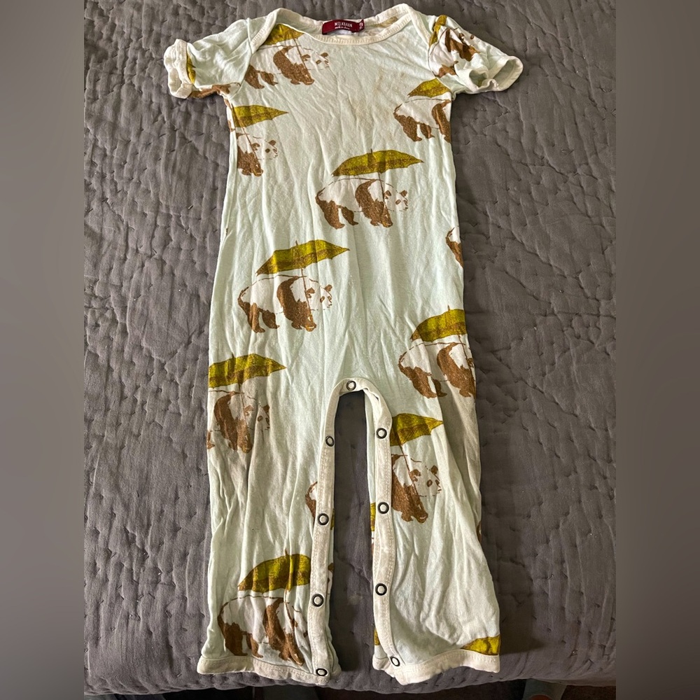 Milkbarn Blue Panda Umbrella Jumpsuit Snap Romper 12-18 Months Bamboo Cap Sleeve
